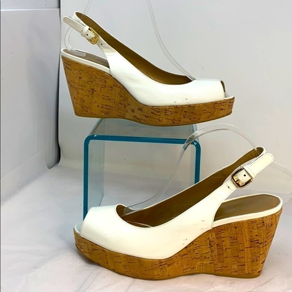 Stuart Weitzman Sz 9.5 Cork Wedge White Slingback - Picture 1 of 8